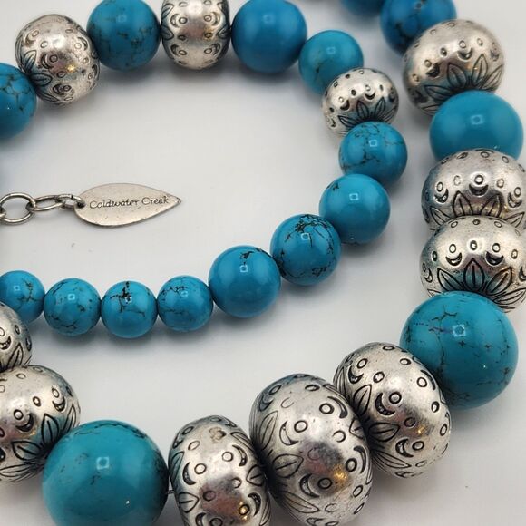 Vintage Faux Turquoise Necklace 20" Southwest Boho Coldwater Creek Silver Etched - Picture 2 of 7